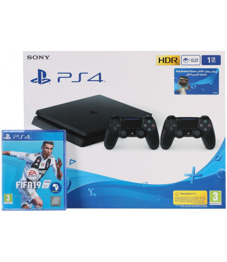 Play Station 4 - 1TB Hard Drive + Fifa 19 Arabic Edition + 2 Wireless Controller - Black