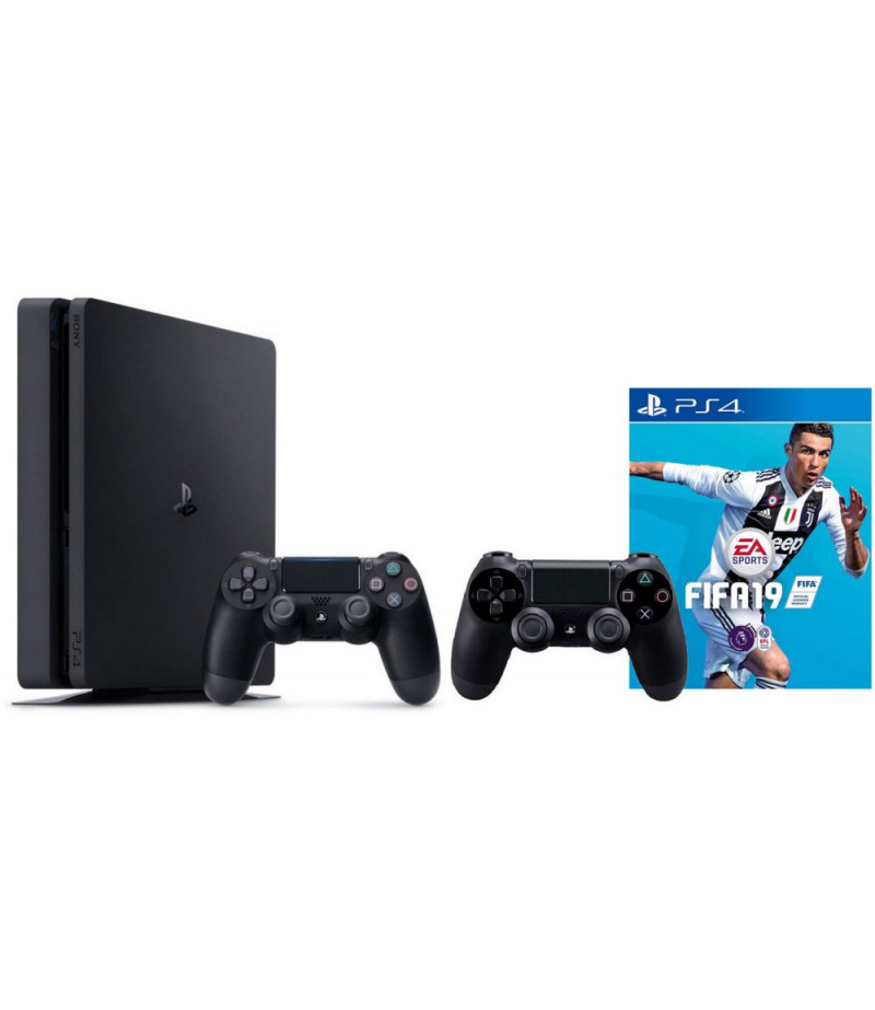 Play Station 4 - 1TB Hard Drive + Fifa 19 Arabic Edition + 2 Wireless Controller - Black